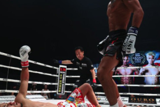 Missed Fists: Fighter stops his opponent with pair of flying knees