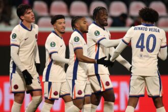 Christopher Nkunku of Chelsea celebrates with his teammates