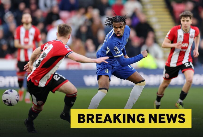 Carney Chukwuemeka in action for Chelsea plus breaking news banner