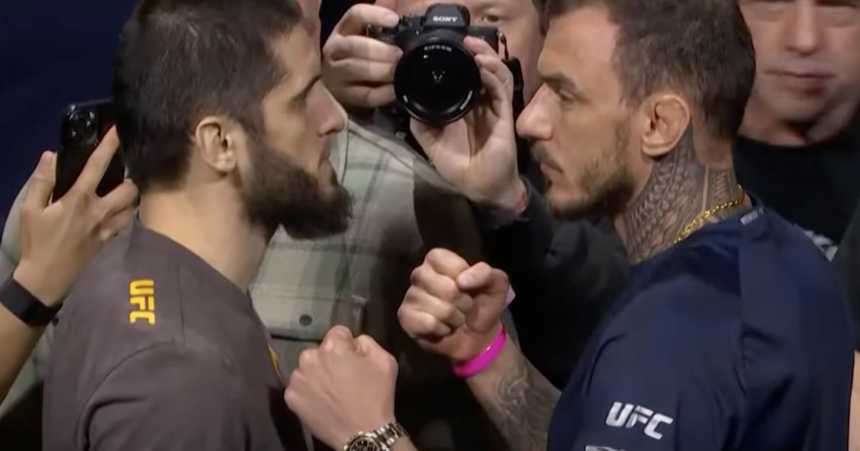 Islam Makhachev, Renato Moicano have tense first staredown at UFC 311 ceremonial weigh-ins