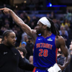 Isaiah Stewart #28 of the Detroit Pistons reacts after he is ejected from the game against the Indiana Pacers during the first half at Gainbridge F...