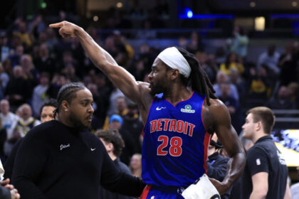 Isaiah Stewart #28 of the Detroit Pistons reacts after he is ejected from the game against the Indiana Pacers during the first half at Gainbridge F...