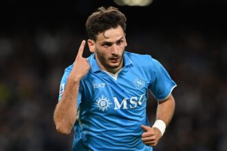 Khvicha Kvaratskhelia celebrates a goal for Napoli