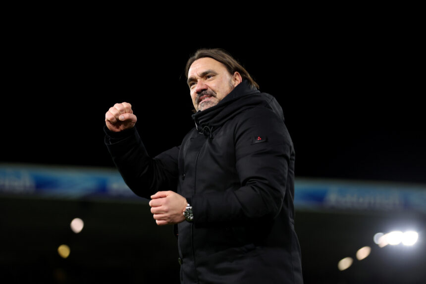 Leeds manager Daniel Farke celebrates with fans