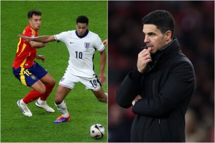 Martin Zubimendi, Jude Bellingham and Mikel Arteta