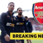 Matheus Cunha of Wolves alongside Arsenal logo and breaking news banner