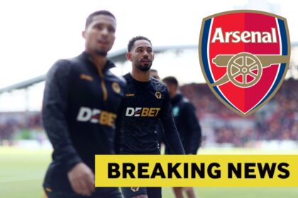 Matheus Cunha of Wolves alongside Arsenal logo and breaking news banner