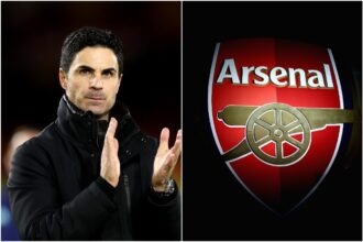 Mikel Arteta clapping and the Arsenal FC logo