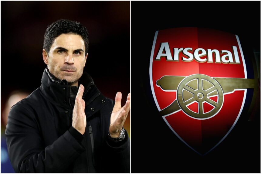 Mikel Arteta clapping and the Arsenal FC logo