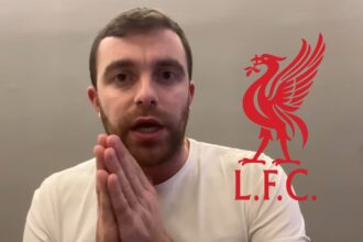 Fabrizio Romano holds his hands together next to Liverpool club badge.