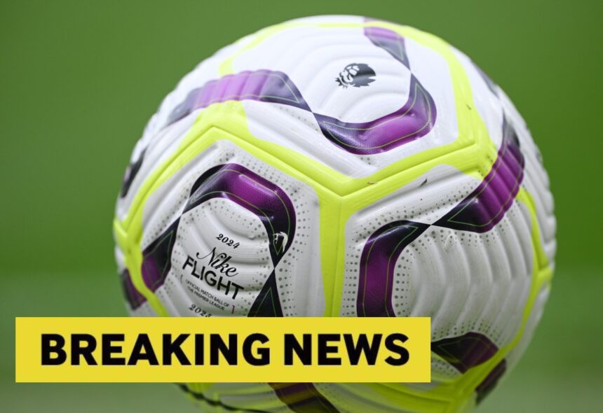 A close up image of the Premier League ball and a breaking news banner