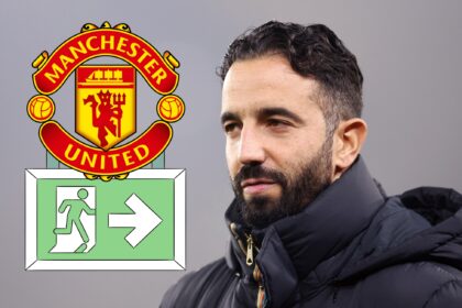 Ruben Amorim looks on next to Manchester United club badge and exit sign.