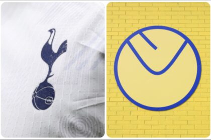 A collage of the Leeds United and Tottenham Hotspur badges.