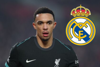 Trent Alexander-Arnold of Liverpool reacts with Real Madrid badge attached