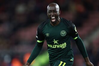 Yoane Wissa of Brentford celebrates scoring his sides fifth goal during the Premier League match between Southampton FC and Brentford FC at St Mary