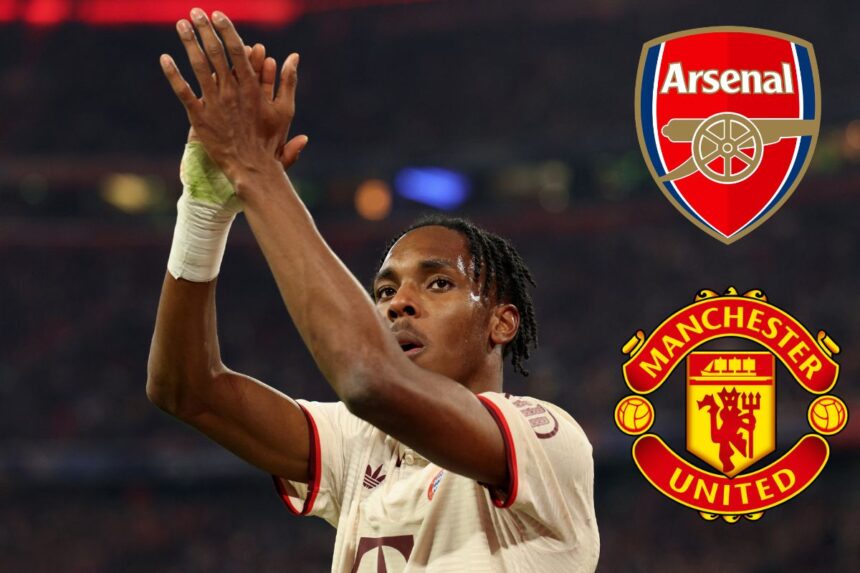 Mathys Tel applauds fans, with Arsenal and Man United badge attached