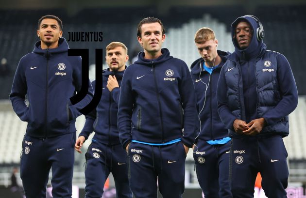 Levi Colwill, Ben Chilwell and Noni Madueke of Chelsea interact during a pitch inspection