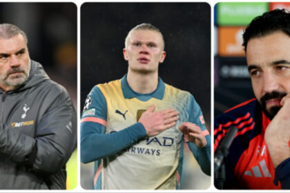 A composite image of Ange Postecoglou, Erling Haaland and Ruben Amorim.