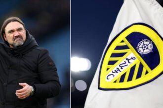 Leeds United manager Daniel Farke and Leeds corner flag
