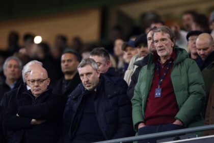 Dave Brailsford, Jason Wilcox and Sir Jim Ratcliffe are seen in attendance prior to the Premier League match between Manchester City and Manchester United.