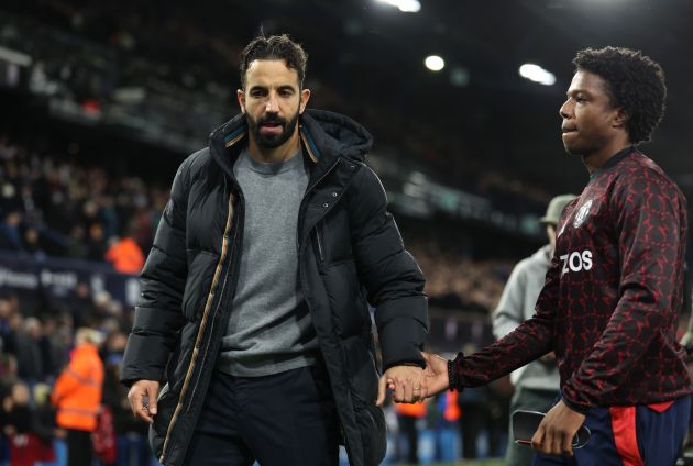 Ruben Amorim interacts with Tyrell Malacia following the Premier League match between Ipswich Town and Manchester United.