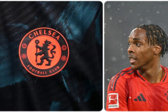 A composite image of Mathys Tel and a Chelsea badge