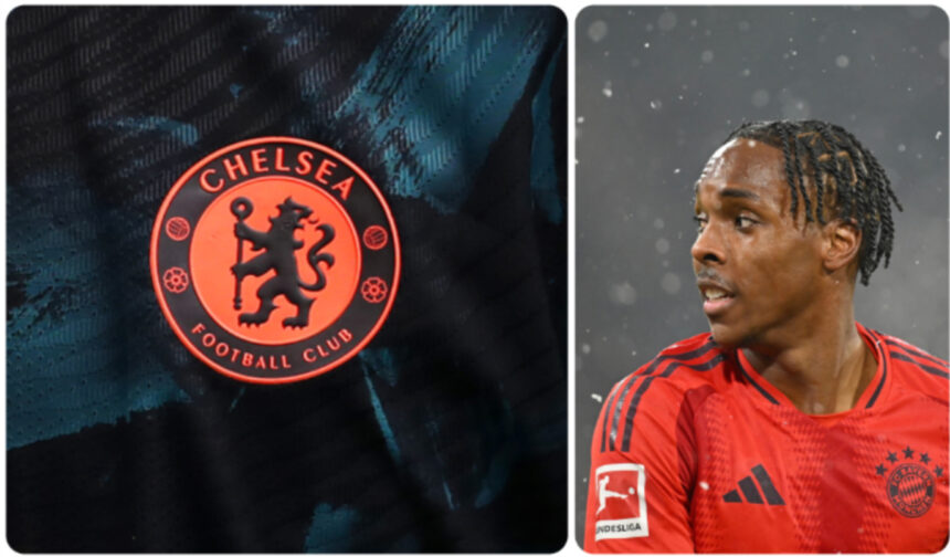 A composite image of Mathys Tel and a Chelsea badge