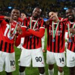 Rafael Leao, Tammy Abraham, Tijjani Reijnders and Fikayo Tomori of AC Milan celebrate victory