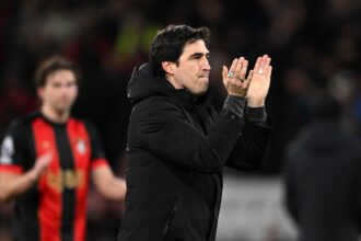 Andoni Iraola applauds the Bournemouth supporters