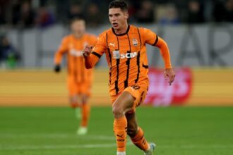 Heorhii Sudakov of FC Shakhtar Donetsk runs with the ball