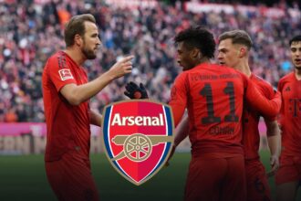 Harry Kane, Kingsley Coman and Joshua Kimmich celebrate for Bayern