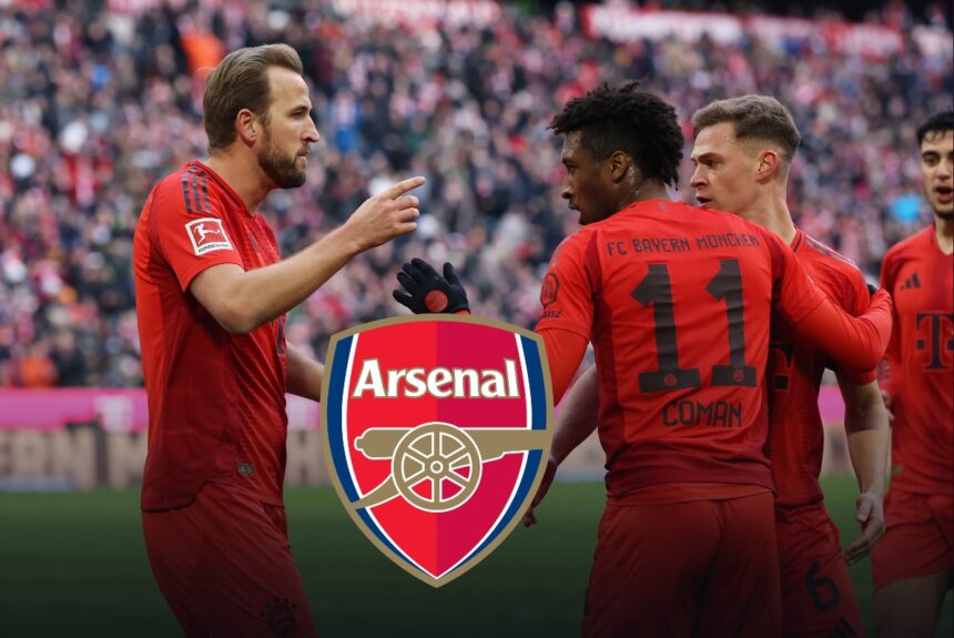 Harry Kane, Kingsley Coman and Joshua Kimmich celebrate for Bayern