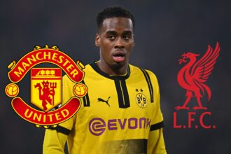 Jamie Gittens looks tired next to Liverpool and Manchester United club badges.