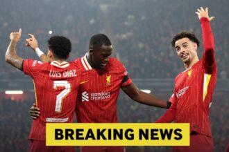 Luis Diaz, Ibrahima Konate and Curtis Jones celebrate in Liverpool