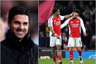 Mikel Arteta, Jurrien Timber and Ethan Nwaneri