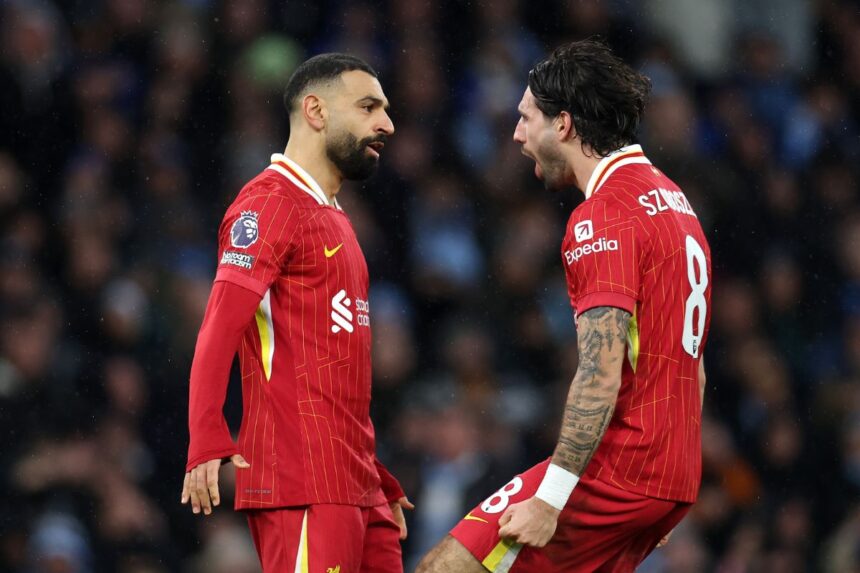 Dominik Szoboszlai of Liverpool celebrates scoring his team