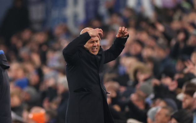 Arne Slot, Manger of Liverpool, reacts during the Premier League match against Everton at Goodison Park