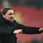 Daniel Farke, Manager of Leeds United, celebrates after the team