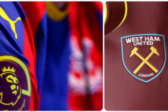A composite image of a Crystal Palace shirt and a West Ham badge