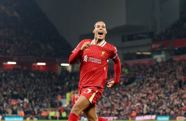 Virgil van Dijk of Liverpool celebrates scoring his team