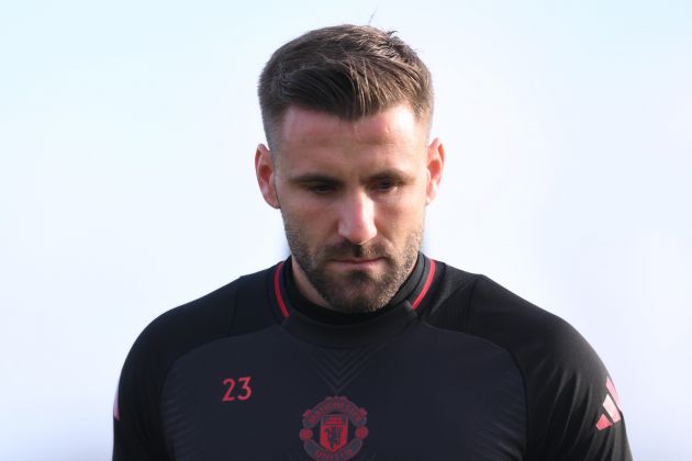 Luke Shaw of Manchester United takes part in a UEFA Europa League 2024/25 League Phase MD8 training session at the Carrington Training complex