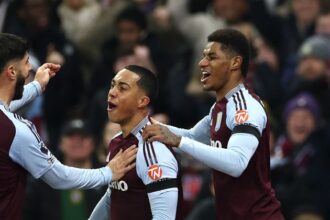Youri Tielemans of Aston Villa celebrates scoring his team
