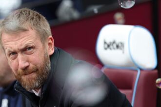 Graham Potter looks on prior to the Premier League match between West Ham United and Chelsea