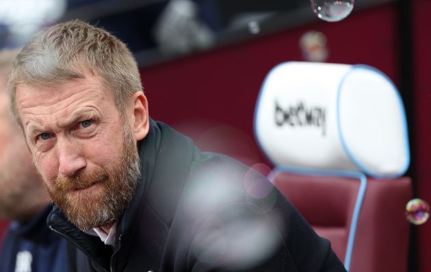 Graham Potter looks on prior to the Premier League match between West Ham United and Chelsea