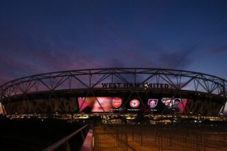 A general view as the sun sets over London Stadium