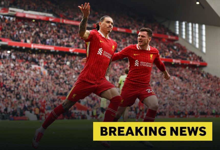 Darwin Nunez and Andrew Robertson celebrate