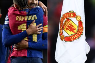 Ronald Araujo, Raphinha and the Manchester United logo