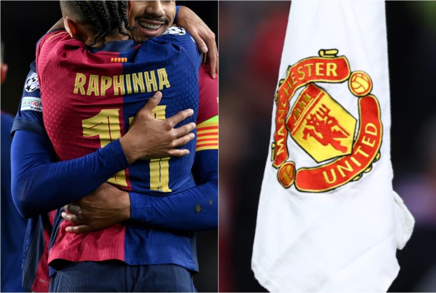 Ronald Araujo, Raphinha and the Manchester United logo