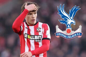 Tyler Diblingwith his hands to his head - along with the Crystal Palace badge