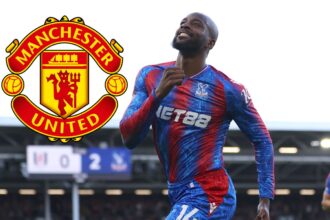 Jean-Philippe Mateta celebrates for Crystal Palace - with the Man United badge attached
